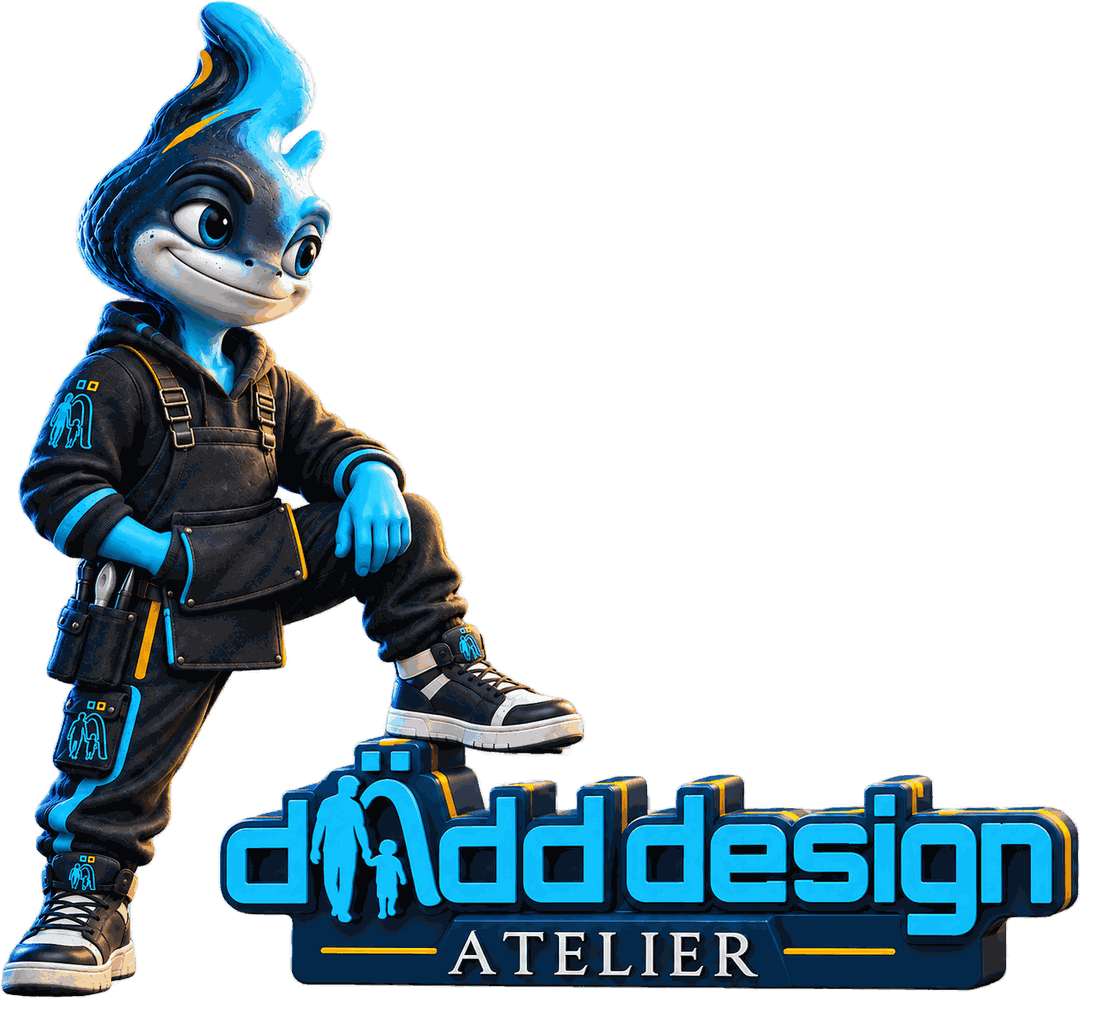 Melt, das Maskottchen des d&auml;dd design Ateliers, lehnt am dreidimensionalen Logo