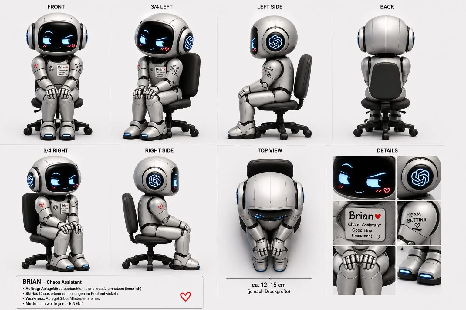 Charakterblatt des Roboters Brian mit mehreren Ansichten und Detailvorgaben