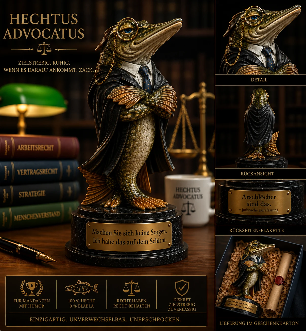 Angeliefertes Konzeptblatt Hechtus Advocatus mit Hauptansicht, Details, Rückansicht und Verpackungsidee